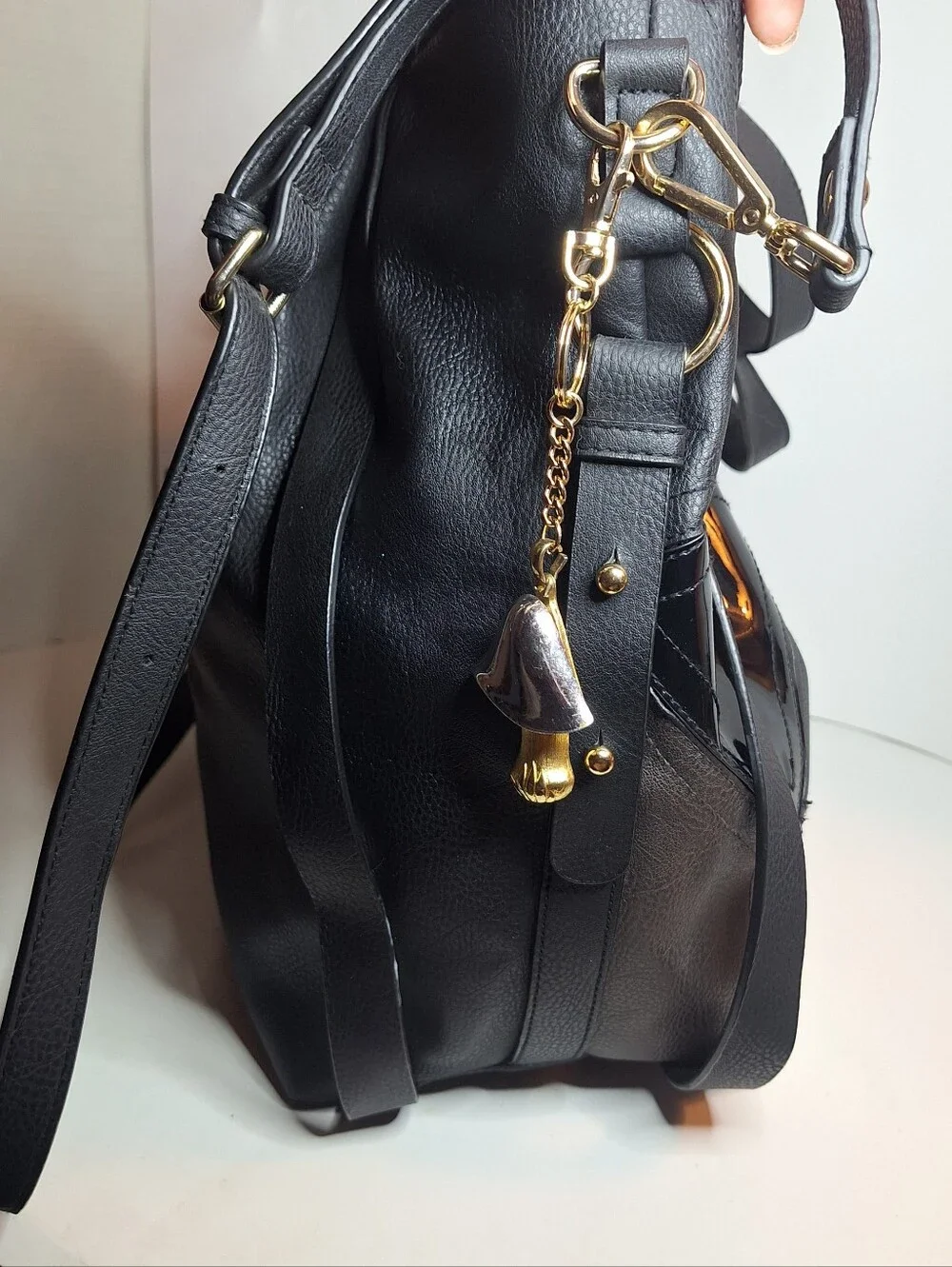 Big Buddha Patchwork XL Bag Faux Leather Matte & Paten Black w Snake Skin Tote